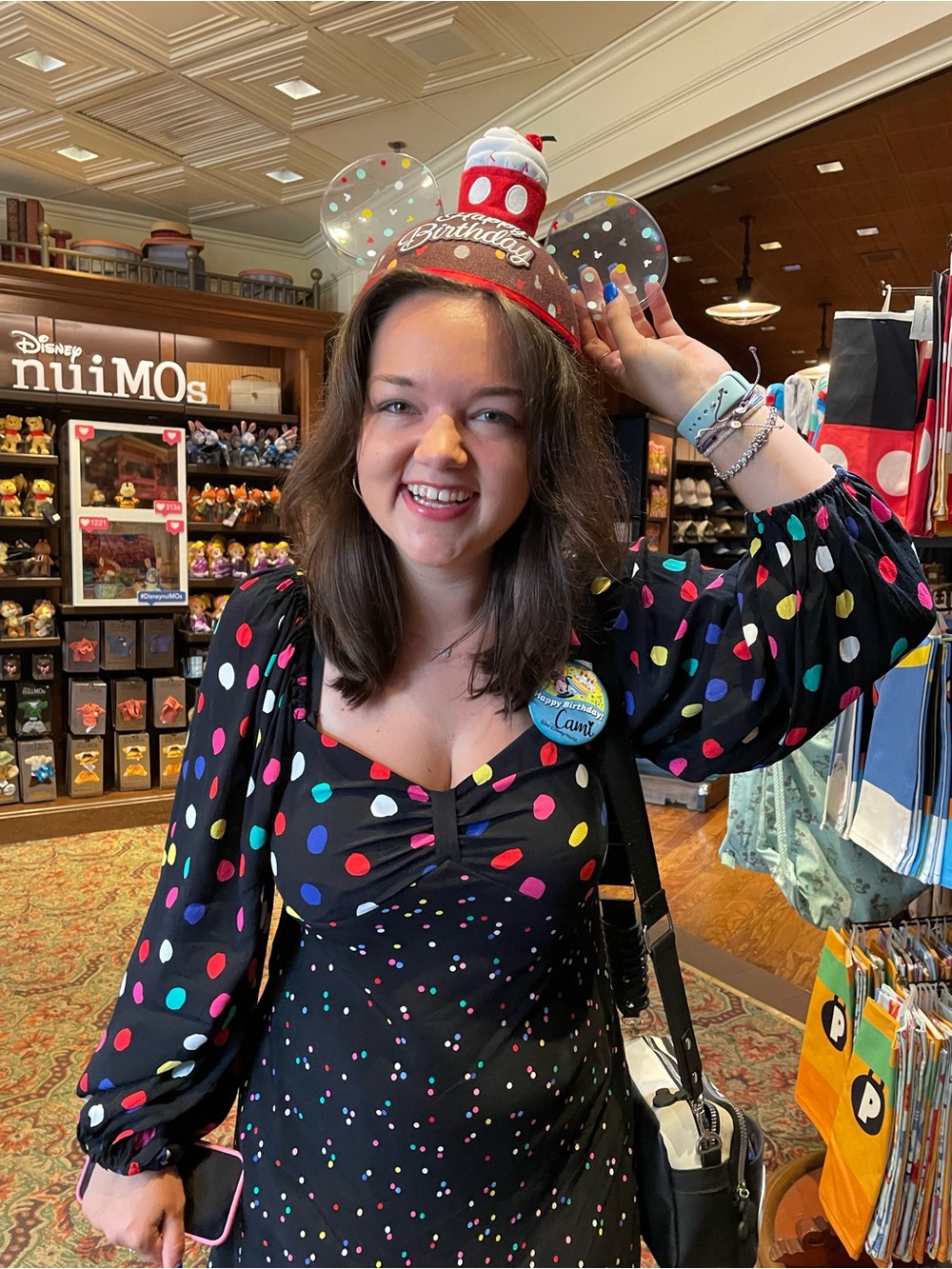 RIXO Black Long-Sleeve Mini Dress with Multicolor Polka Dots
